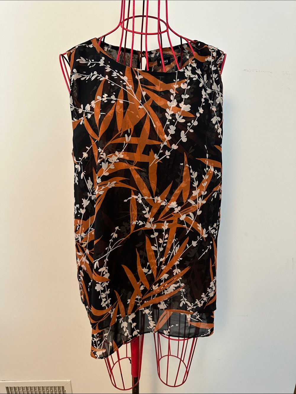 MARELLA Black Floral Sleeveless Top with Rust and White Print